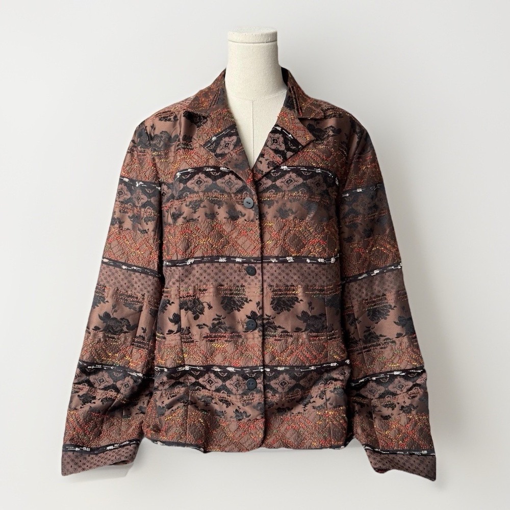 Boho‎ Tapestry Jacquard Jacket Size L Brown Woven Folk Artisan Artsy Tribal Coat